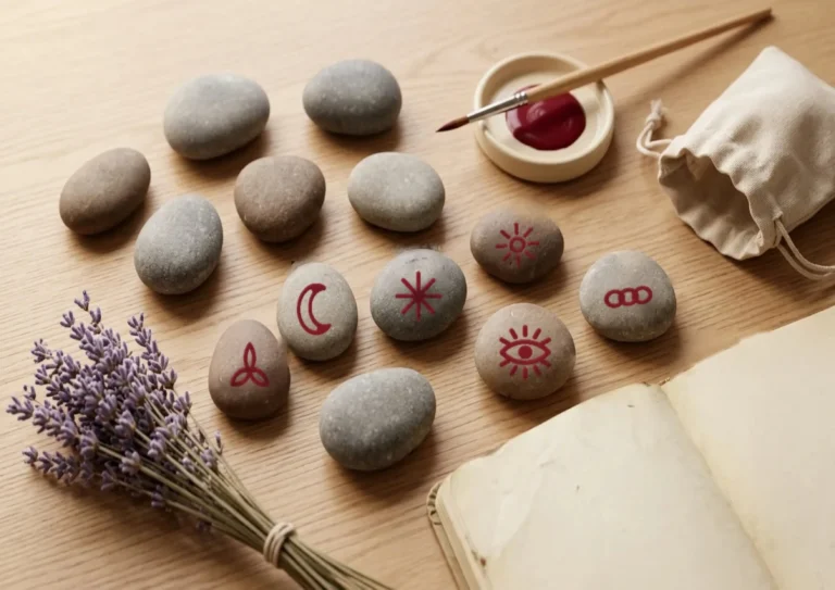 Piedras pintadas a mano con los símbolos de las Runas Brujas, junto a un pincel, una bolsa de lino, lavanda y un cuaderno.
